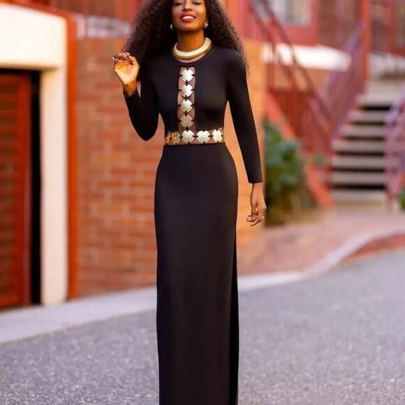 STAUD BLACK DELPHINE GOLD LOGO COIN CUTOUT MAXI DRESS BLACK SZ 8 LONG SLEEVE - Picture 3 of 15